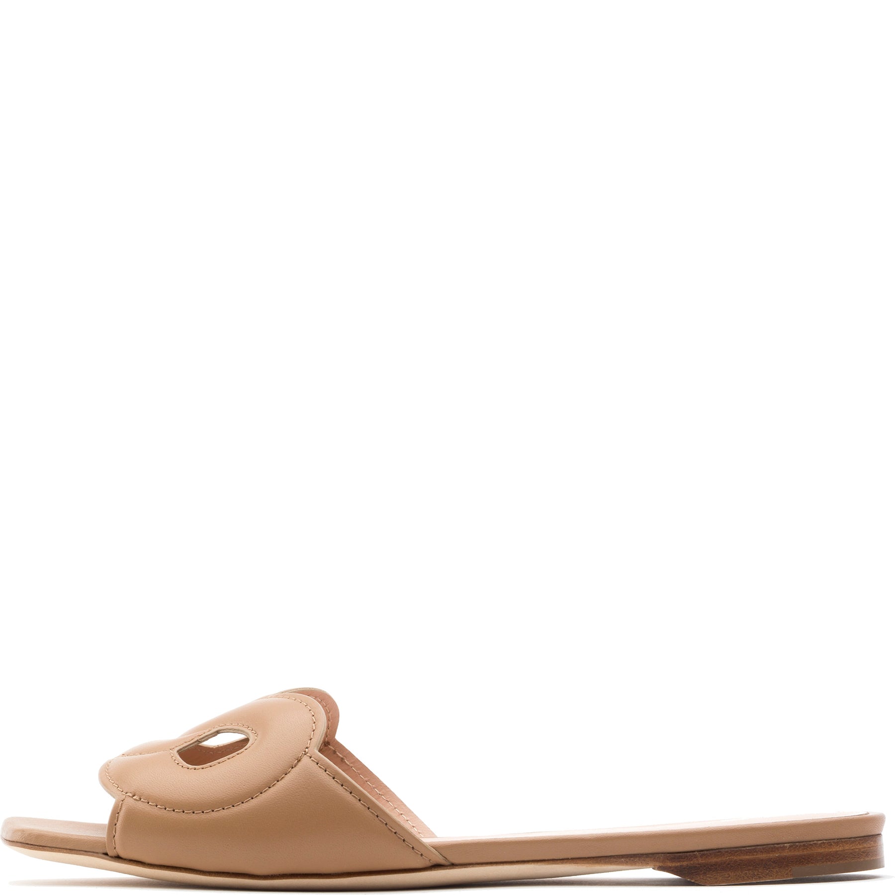 The Lido Sandal by Rupert Sanderson is a handmade Italian flat slide in tan Cremino Calf, featuring an open toe, low wooden heel, and a gold accent on the upper strap.