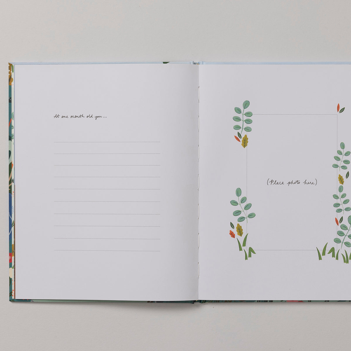 The Write To Me Your Baby Story book, inspired by a beloved baby storybook, features an open layout with a decorated floral border on the right page and lined space for writing on the left. The text "let me count the ways..." appears on the left side, while "please paste here" is displayed on the right, making it an ideal choice for documenting first birthday celebrations.