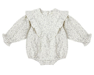 The Rylee & Cru Baby Girls' Winnie Romper showcases a charming floral print, ruffled shoulders, elastic cuffs, and a bubble silhouette with bottom snaps, displayed flat on a white background.