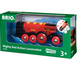 A boxed toy train labeled "BRIO World Mighty Red Action Locomotive" by Brio, suitable for ages 3 and up. The packaging highlights a striking red and black locomotive with the number 529 on its side, designed to help develop fine motor skills in young engineers.