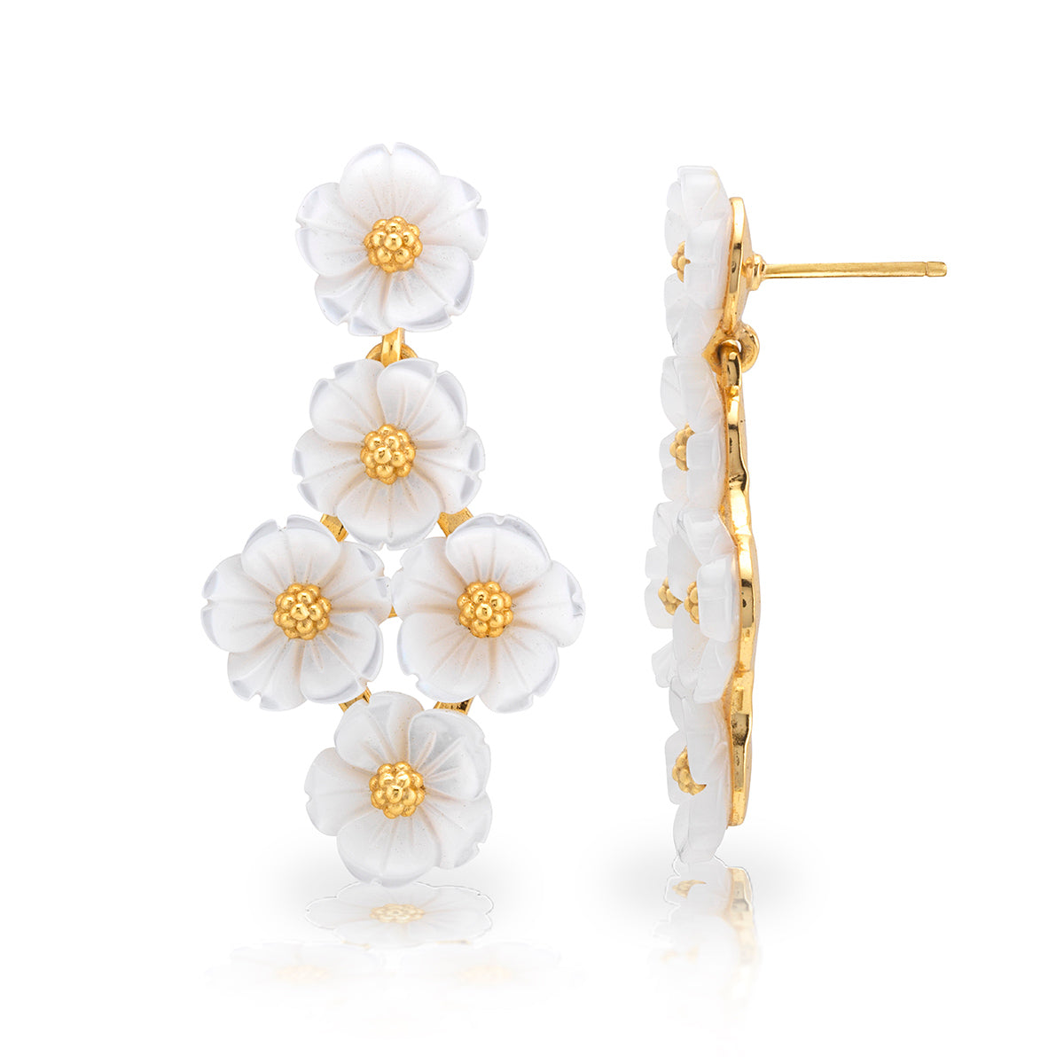 Juliska Capucine De Wulf's Mermaid Garden Floral Petite Post Drop Earrings showcase five white flower motifs with gold centers, vertically stacked for a chandelier look. One earring is shown from the front, the other from the side.