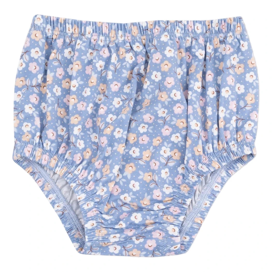 The Angel Dear Baby Girls' and Girls' Jill Dress and Bloomer set features light blue bloomers with an elastic waist and leg openings, adorned with white and peach floral prints—ideal as a matching diaper cover for any bamboo dress.