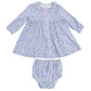 The Angel Dear Baby Girls' and Girls' Jill Dress and Bloomer, in blue floral bamboo fabric with a Peter Pan collar, is displayed flat on a white background.