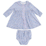 The Angel Dear Baby Girls' and Girls' Jill Dress and Bloomer, in blue floral bamboo fabric with a Peter Pan collar, is displayed flat on a white background.