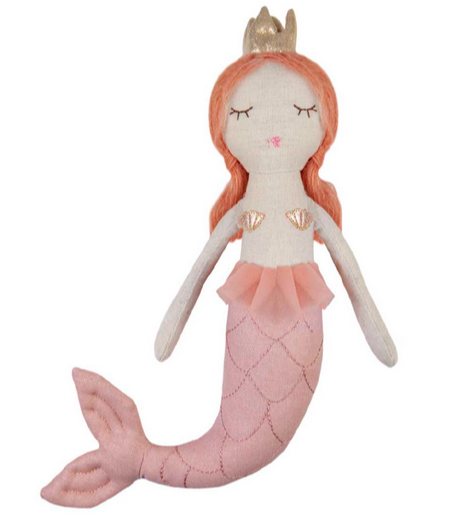 A Great Pretenders Melody Mermaid collectable plush toy depicting a mermaid with orange hair, a crown, and a pink tail displayed against a white background.