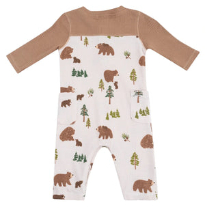 The Angel Dear Baby Boys' Romper with Contrast Sleeves features solid brown sleeves, a white body with bear and green tree print, and two front pockets—perfect cozy clothing for your little one.