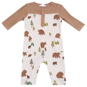 Angel Dear Baby Boys' Romper with Contrast Sleeves: Cream waffle knit with brown cuffs, bear and tree print, front buttons, and two pockets. Cozy and stylish for your little one.