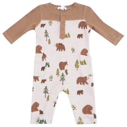 Angel Dear Baby Boys' Romper with Contrast Sleeves: Cream waffle knit with brown cuffs, bear and tree print, front buttons, and two pockets. Cozy and stylish for your little one.