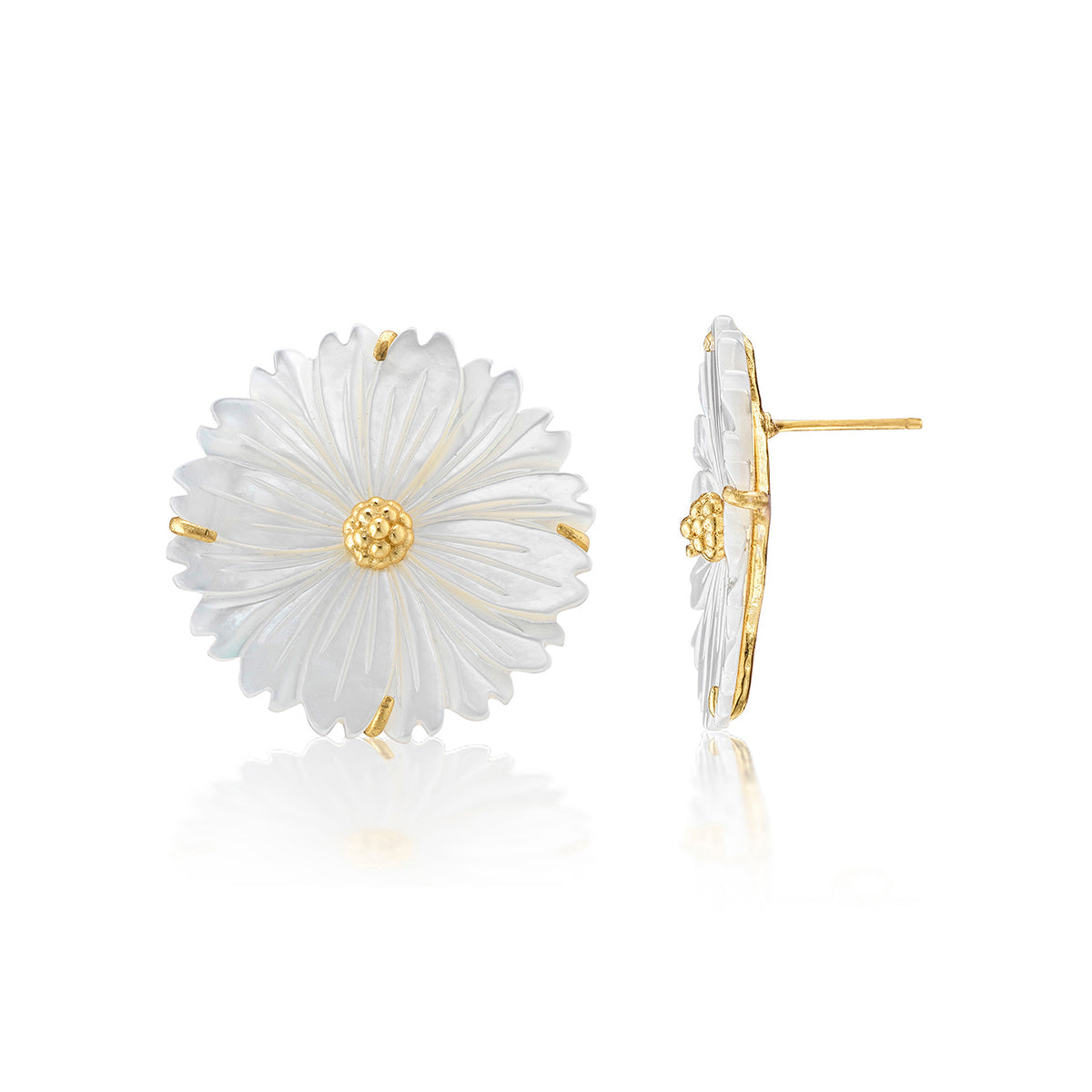 The Mermaid Garden Blossom Stud Earrings by Juliska Capucine De Wulf feature flower-shaped studs with white carved petals and gold accents, shown from front and side—ideal for lovers of botanical jewelry.
