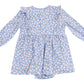 The Angel Dear Baby Girls' Ruffle Long Sleeve Bodysuit Dress features blue floral bamboo fabric, ruffle shoulders, and a gathered waist—displayed flat on white. A cozy fall and winter outfit for your little one.