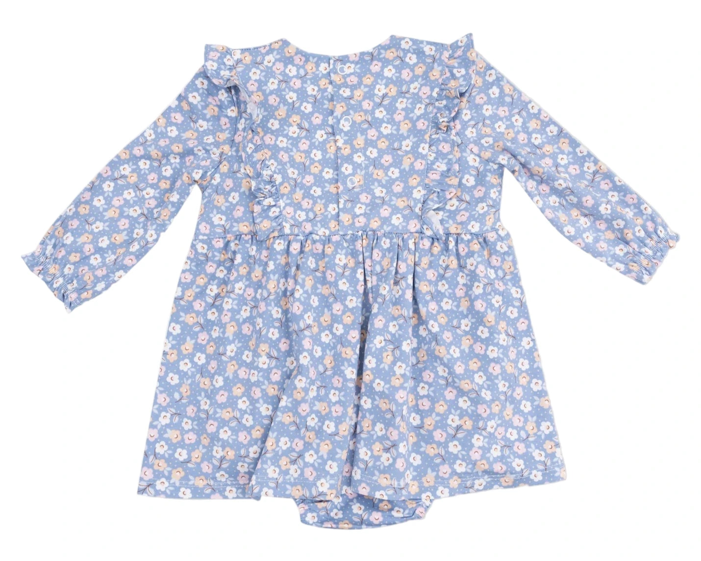 The Angel Dear Baby Girls' Ruffle Long Sleeve Bodysuit Dress features blue floral bamboo fabric, ruffle shoulders, and a gathered waist—displayed flat on white. A cozy fall and winter outfit for your little one.