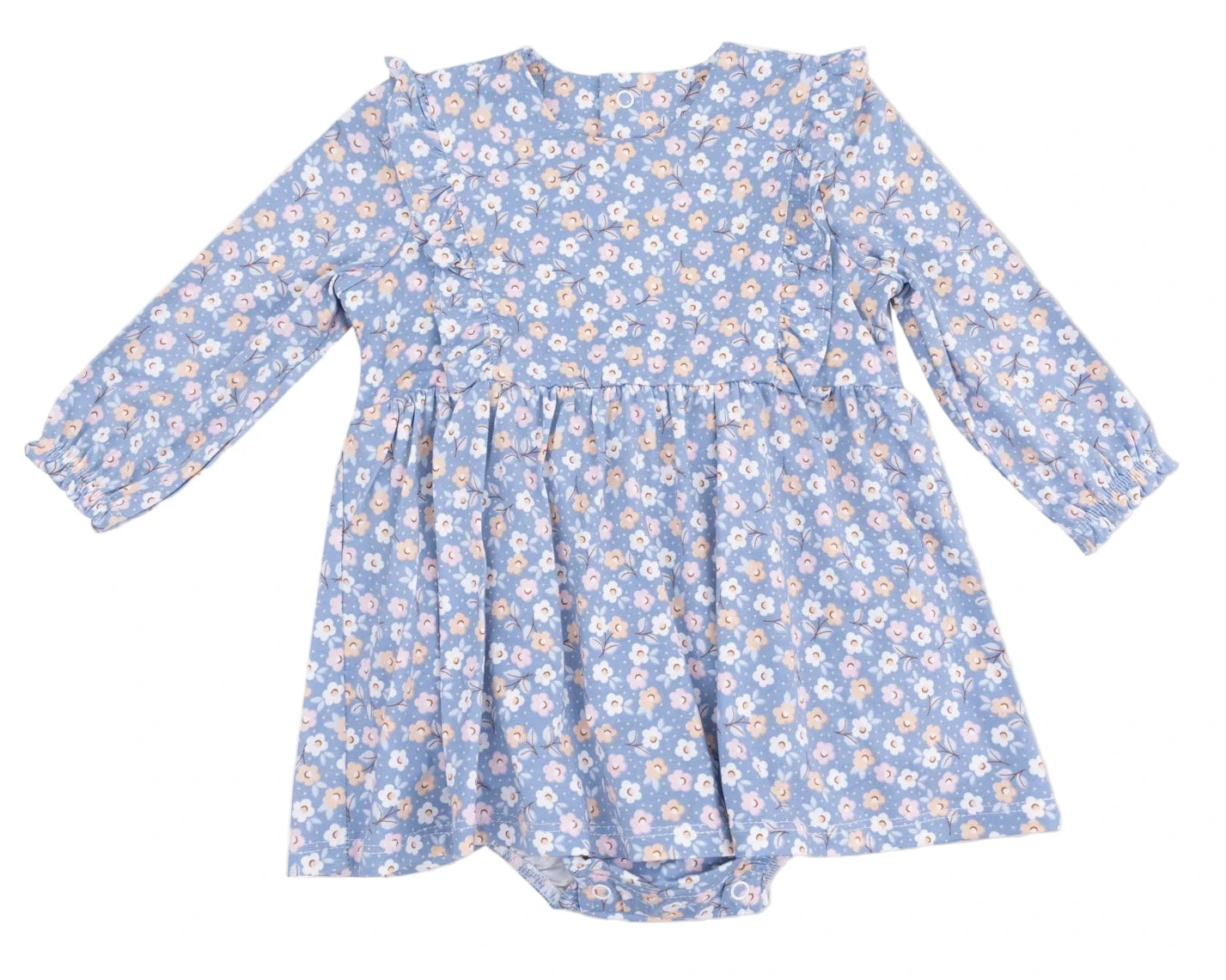 The Angel Dear Baby Girls' Ruffle Long Sleeve Bodysuit Dress features a blue floral print, ruffled shoulders, and gathered waist—perfect for a cozy and stylish fall or winter baby outfit.