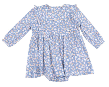 The Angel Dear Baby Girls' Ruffle Long Sleeve Bodysuit Dress features a blue floral print, ruffled shoulders, and gathered waist—perfect for a cozy and stylish fall or winter baby outfit.
