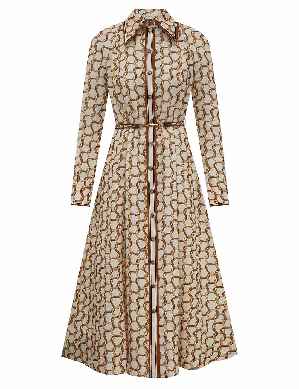 Zimmermann Panelled Midi Dress in off-white linen with a brown-and-gold chain-link print, long sleeves, button-front, pointed collar, and a thin brown belt.
