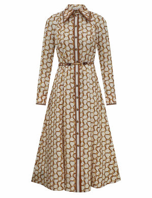 Zimmermann Panelled Midi Dress in off-white linen with a brown-and-gold chain-link print, long sleeves, button-front, pointed collar, and a thin brown belt.