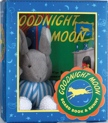 The Harper Collins Goodnight Moon Board Book & Bunny set includes the classic board book and a soft bunny, packaged in charming blue and yellow with a moon and stars theme.