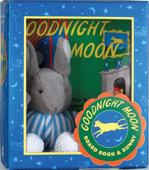 The Harper Collins Goodnight Moon Board Book & Bunny set includes the classic board book and a soft bunny, packaged in charming blue and yellow with a moon and stars theme.