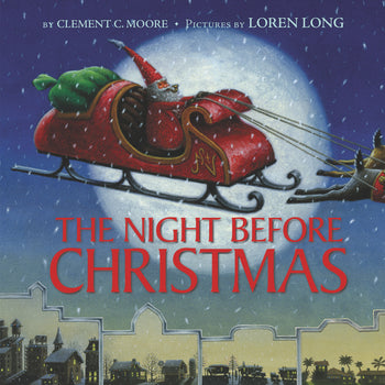 Illustration of Santa Claus in a red sleigh flying over snowy rooftops against a full moon, with a reindeer leading. Text: "The Night Before Christmas," published by Harper Collins and beautifully illustrated—a timeless Christmas poem brought to vivid life.