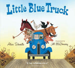 The cover of the "Little Blue Truck Board Book" by Harper Collins features a blue truck accompanied by various farm animal friends and is illustrated by Jill McElmurry.