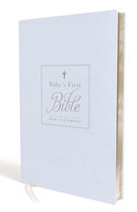 A light blue "Baby's First KJV New Testament" by Thomas Nelson, serving as a keepsake Bible with a cross on the cover, featuring the King James Version. The book includes a white ribbon bookmark.