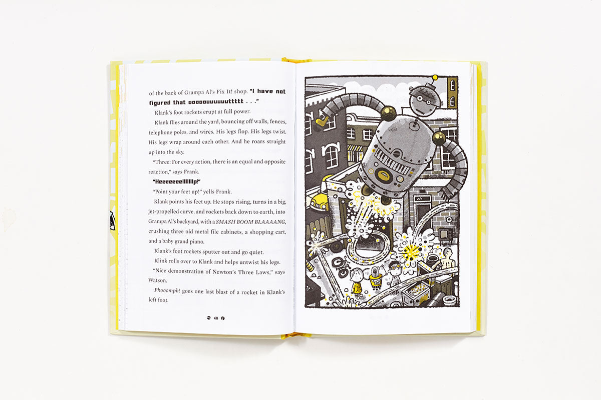 An open book featuring a monochrome illustration of a large robot causing chaos in the city, part of Frank Einstein and the Electro-Finger, Book #2 by Abrams. The text on the left page offers an adventure story that combines STEM education with exciting science experiments.