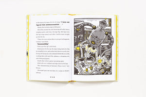 An open book featuring a monochrome illustration of a large robot causing chaos in the city, part of Frank Einstein and the Electro-Finger, Book #2 by Abrams. The text on the left page offers an adventure story that combines STEM education with exciting science experiments.