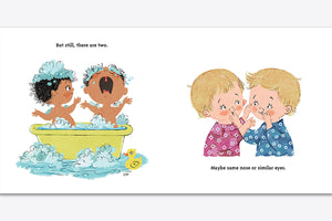 A Twin Is To Hug board book featuring children in a bathtub by Abrams.