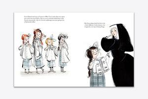 An illustration from "Along Came Coco" by Abrams depicts young girls in white dresses and bows on the left, evoking a timeless elegance reminiscent of Coco Chanel, while on the right, a nun converses with another girl in school uniform. Text narrates this fashion icon-inspired scene.