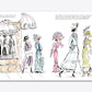 Illustration showing women in early 20th-century fashion walking past a Chanel store. The store window showcases Chanel's designs. Text above describes Coco Chanel as a fashion icon and details her biography, all presented with the engaging charm of a children's book titled "Along Came Coco" by Abrams.