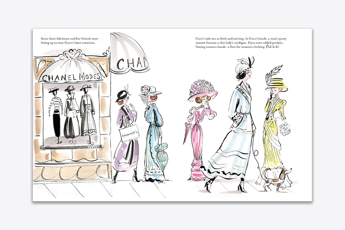 Illustration showing women in early 20th-century fashion walking past a Chanel store. The store window showcases Chanel's designs. Text above describes Coco Chanel as a fashion icon and details her biography, all presented with the engaging charm of a children's book titled "Along Came Coco" by Abrams.