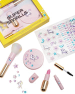 The Super Smalls Unicorn Makeup Kit is a pink kids set with a brush, compact, lipstick, mascara, unicorn stickers, and comes next to a yellow "Super Smalls" box—perfect for children who love imaginative unicorn makeup play.
