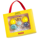 A yellow box labeled "Super Smalls Paint It Mermaid Mini Nail Kit" includes two peel-off nail polishes, a shell-shaped ring, and shell nail stickers, with a red carrying handle.