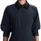 Simkhai Jazz Embellished Collar Midi Dress in black cotton poplin, featuring three-quarter length puff sleeves and a collar detailed with dangling black beads and sequins.