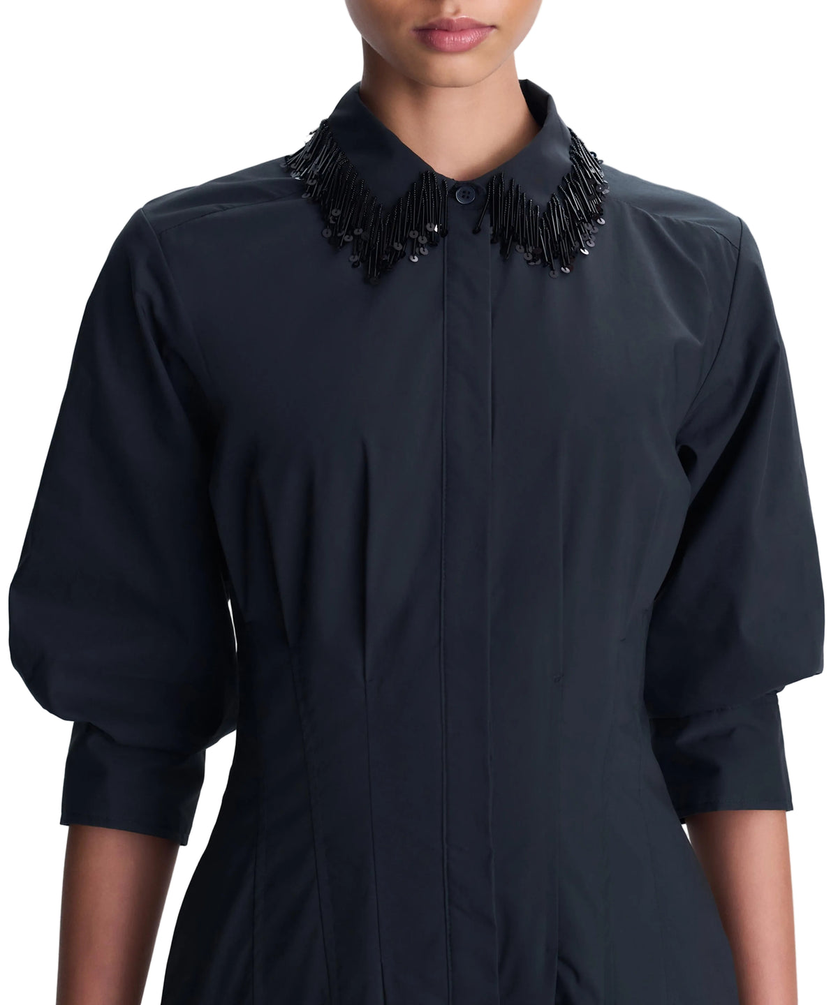 Simkhai Jazz Embellished Collar Midi Dress in black cotton poplin, featuring three-quarter length puff sleeves and a collar detailed with dangling black beads and sequins.
