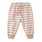 Quincy Mae Baby Relaxed Sweatpant: Pink and white striped pants featuring an elastic waistband, drawstring, and ribbed ankle cuffs—perfect for cozy everyday comfort.