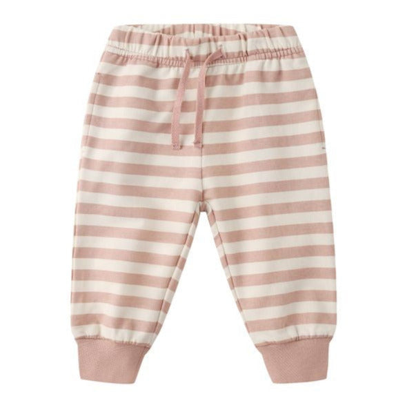 Quincy Mae Baby Relaxed Sweatpant: Pink and white striped pants featuring an elastic waistband, drawstring, and ribbed ankle cuffs—perfect for cozy everyday comfort.