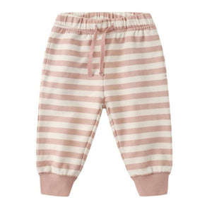 Quincy Mae Baby Relaxed Sweatpant: Pink and white striped pants featuring an elastic waistband, drawstring, and ribbed ankle cuffs—perfect for cozy everyday comfort.