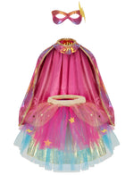 The Great Pretenders Super-duper Tutu, Cape & Mask set (ages 4-6) includes a pink cape, a multicolored tutu with star details, and a pink mask featuring a gold lightning bolt—perfect for kids’ dress-up and imaginative play.