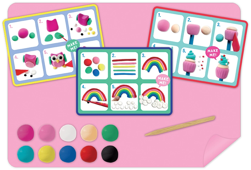 With Floss and Rock’s Princess Clay & Play set, three instructional cards guide you through step-by-step clay art projects. The kit comes with colorful paint pots, sculpting sticks (including a wooden stick), and a pink play surface—everything you need for creative air dry clay fun.