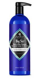 The Jack Black Big Sir Body & Hair Cleanser in a 33-ounce blue pump bottle provides an aromatic marine and amber scent for a refreshing shower experience.