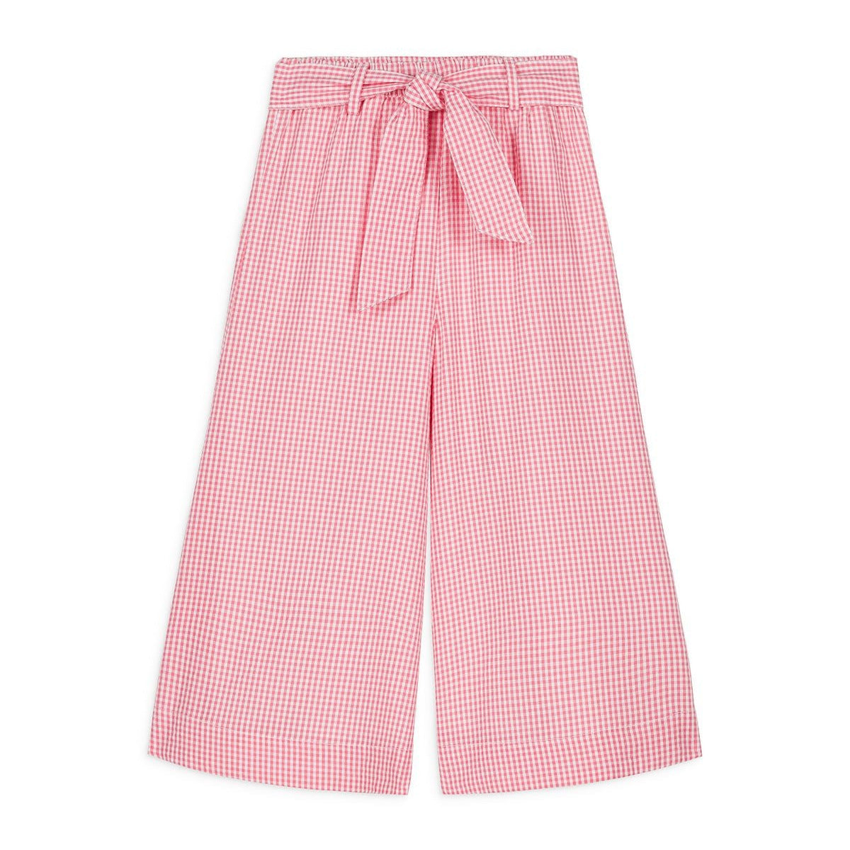 The Girls' Amandine Pant by Louise Misha features pink and white gingham, a high waist, wide-leg style, soft cotton fabric, and a matching tie belt, offering girls a stylish and comfortable look.