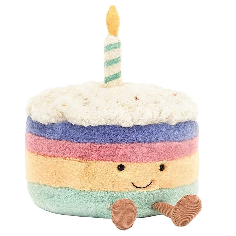 Amuseable Rainbow Birthday Cake, complete with a lit candle, by Jellycat