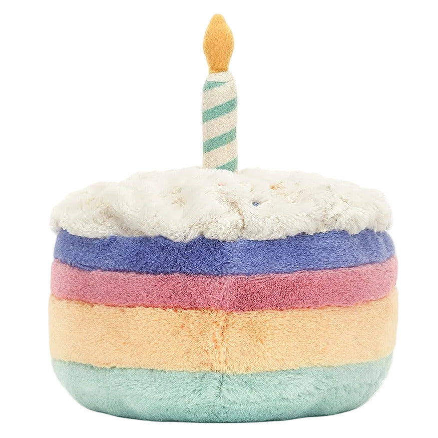 Amuseable Rainbow Birthday Cake, complete with a lit candle, by Jellycat