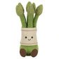 The Jellycat Amuseables Asparagus is a plush toy shaped like a bunch of green asparagus stalks, featuring stitched eyes, a smiling mouth, and little brown feet.