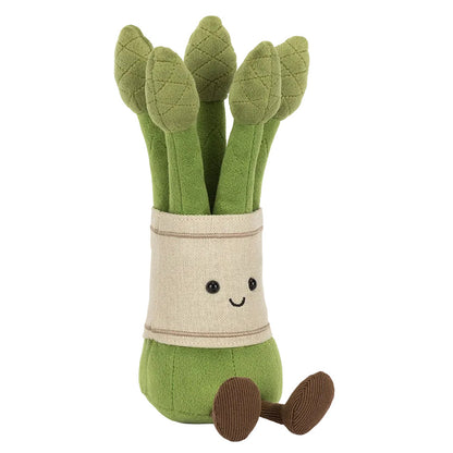 Meet Jellycat’s Amuseables Asparagus, a plush toy shaped like a cheerful bundle of asparagus with a cream band and brown feet—an adorable cuddly companion for veggie fans.