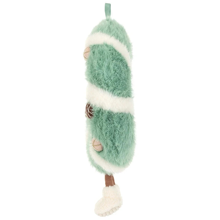 Jellycat Amuseables Pinecone Wreath plush ornament in green and white, featuring a hanging loop and small brown legs with cream-colored boots.