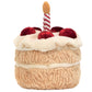 The Jellycat Amuseables Birthday Cake is a plush toy shaped like a colorful layered cake with white icing, red cherries, and a red-and-white striped candle—perfect for any birthday celebration.