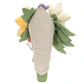A Jellycat Amuseables Bouquet of Flowers featuring yellow, purple, and cream-colored flower heads with green leaves, wrapped in tan fabric.