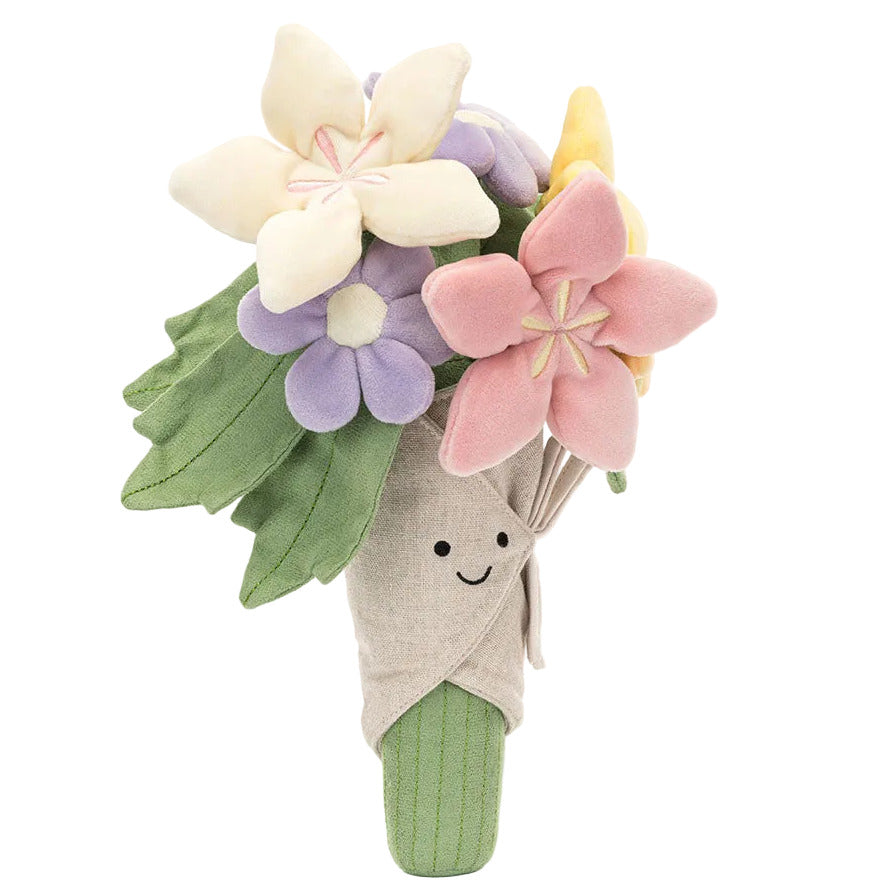 Amuseables Bouquet of Flowers by Jellycat featuring multi-colored plush flowers with simple smiling faces, wrapped in fabric.