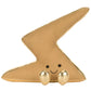 The Jellycat Amuseables Zapperty Lightning Bolt is a gold plush toy shaped like a lightning bolt, featuring a smiling face and shiny gold feet.